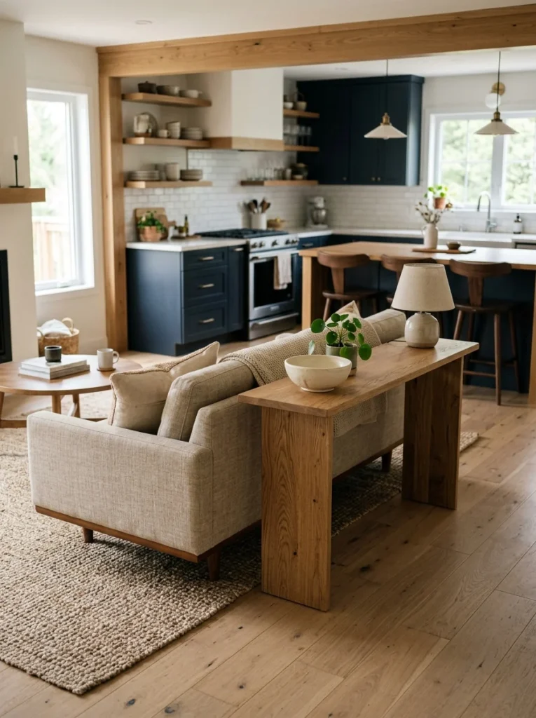 Narrow console table creating a gentle boundary between living room and kitchen zones.