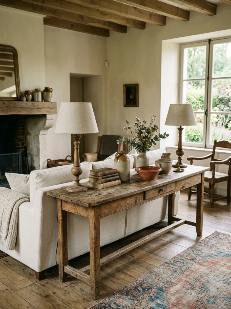 Weathered wood console table styled behind a linen sofa in a French country room.