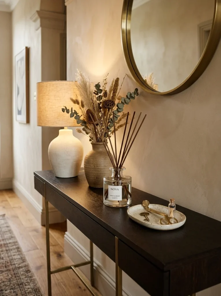 Stylish reed diffuser displayed on an elegant hallway console table.