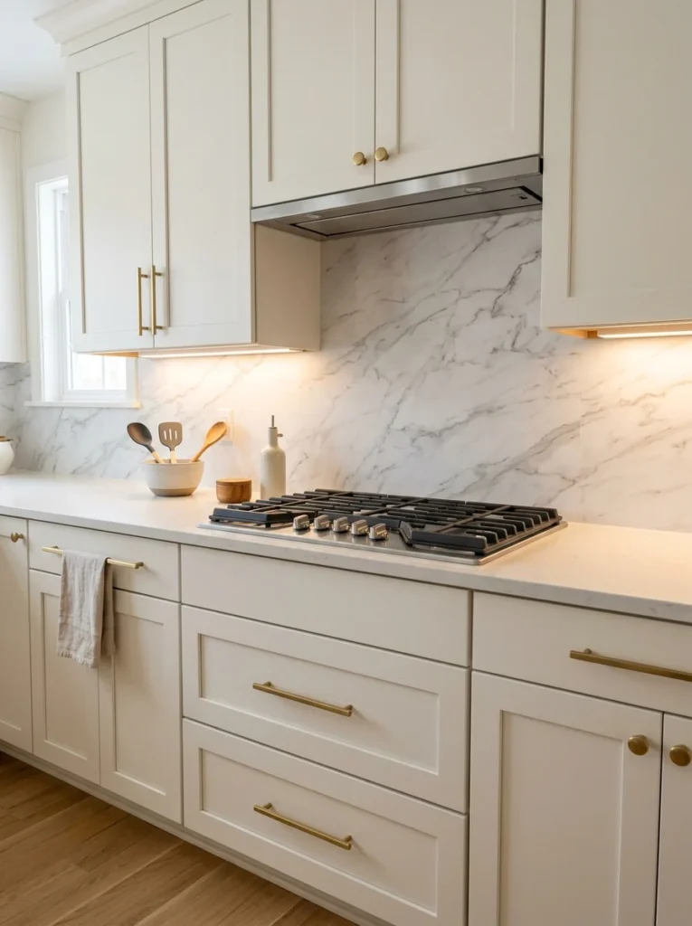 Faux marble peel and stick backsplash with subtle gray veining in a modern kitchen.