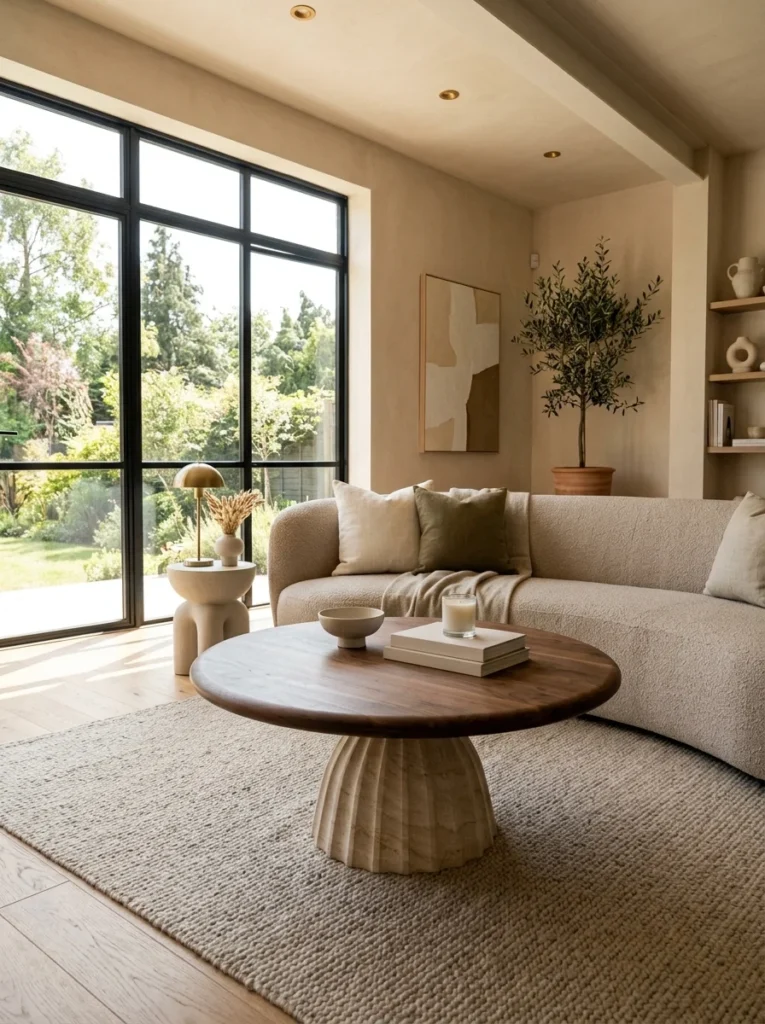 Alt Text: Round pedestal coffee table providing more open floor space for easier movement.