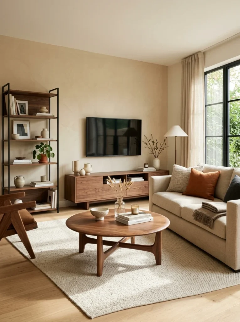 Round coffee table softening a living room filled with sharp-edged rectangular furniture.