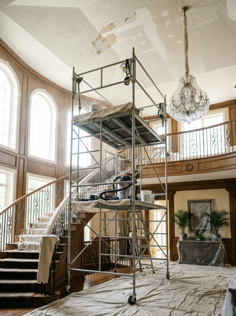 Professional popcorn ceiling removal in a vaulted foyer.