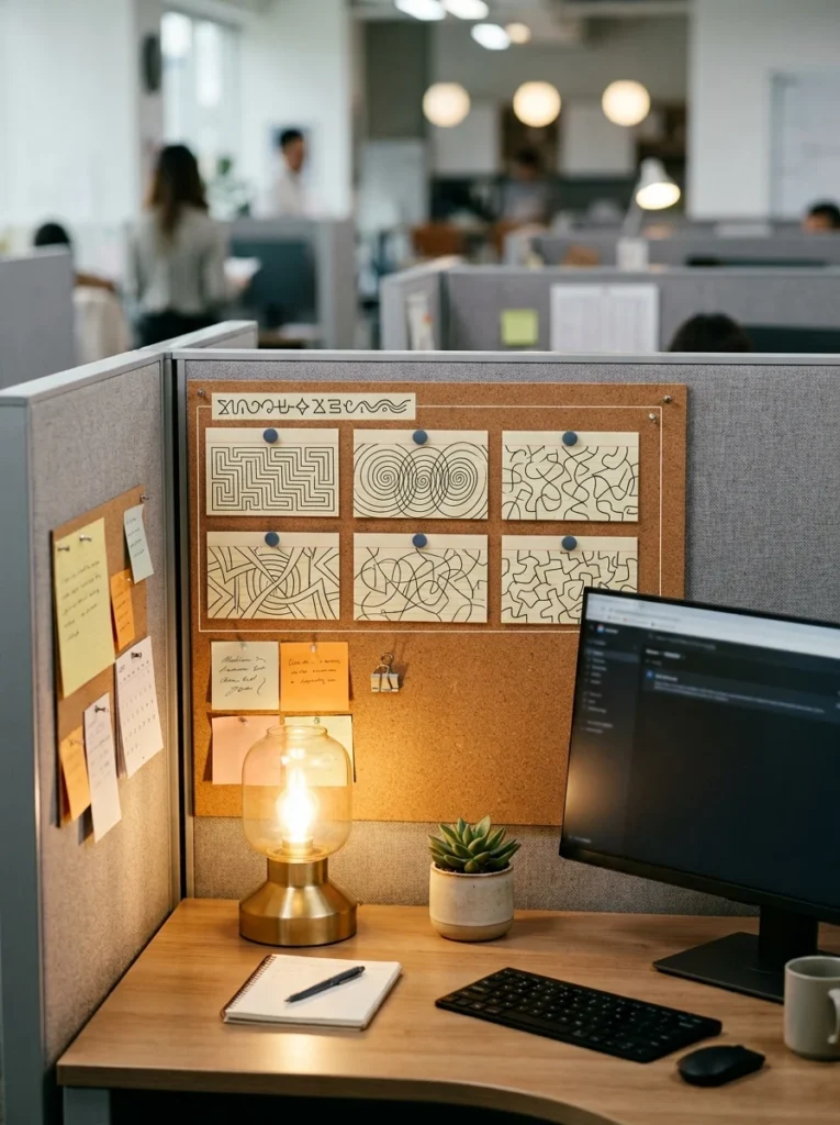 Cubicle goal board with coordinated cards displaying personal and professional goals above a desk.