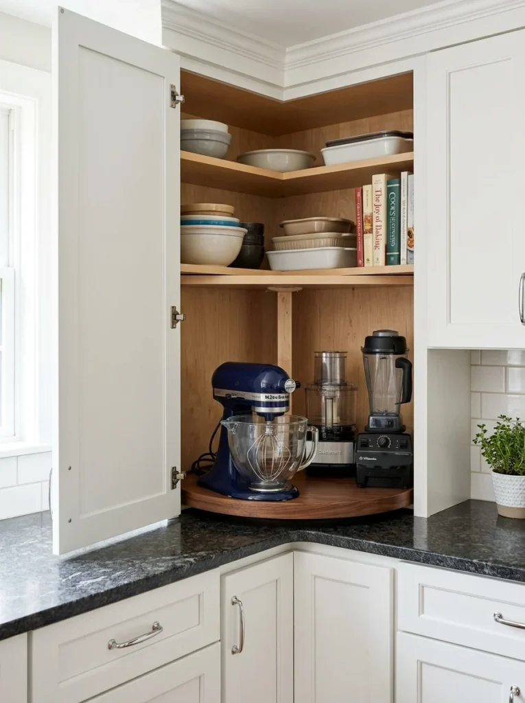 Half-moon shelf organizing heavy kitchen appliances.