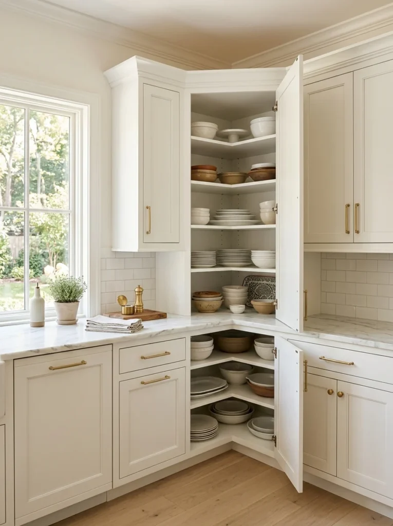 Diagonal corner cabinet with adjustable storage shelves.