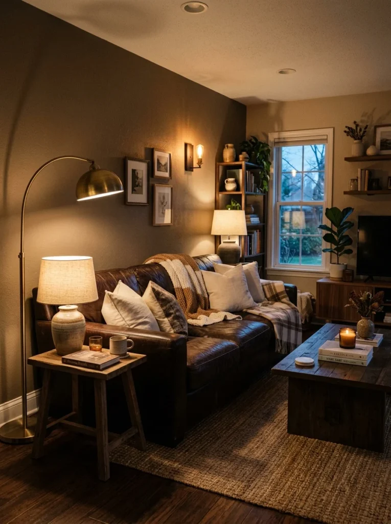 Warm ambient lamps creating a cozy living room around a dark brown couch.