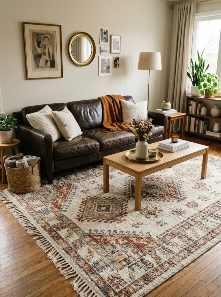 Cream, rust, and blue patterned rug styled with a dark brown couch.