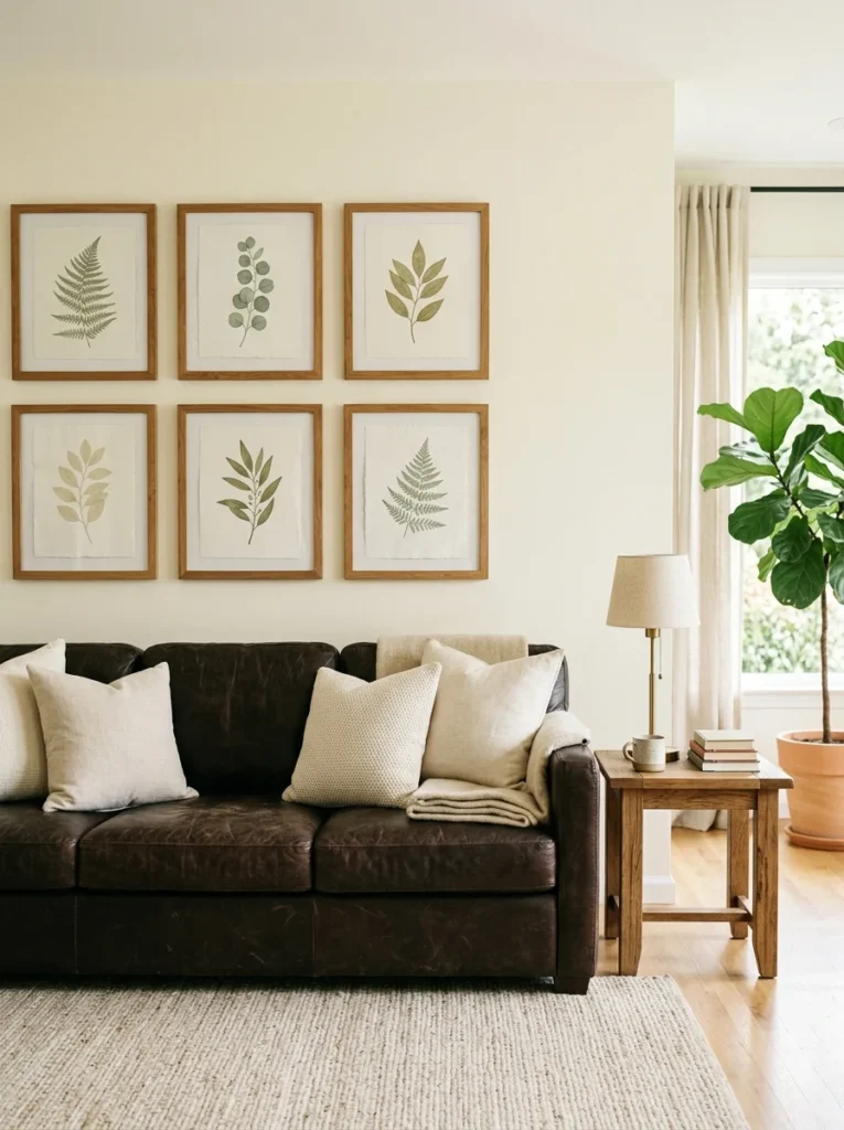Framed botanical prints decorating the wall above a dark brown couch.