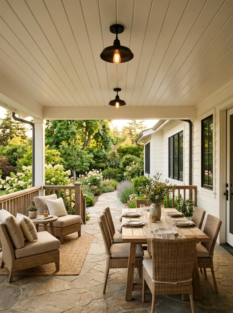 : Exterior-rated white shiplap ceiling with pendant lights on a covered outdoor porch.