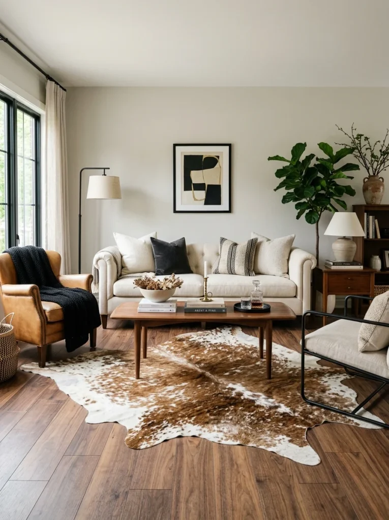 Natural cowhide rug styled in a sophisticated living room.