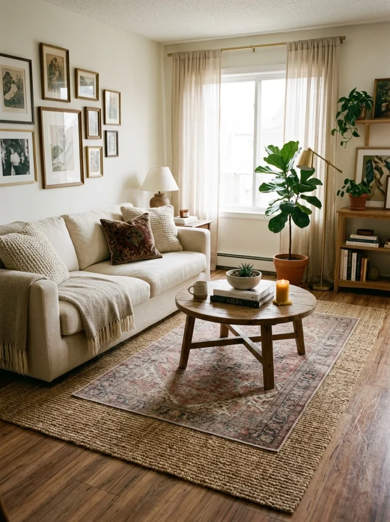Layered rugs hiding damaged flooring in a rental apartment living room.