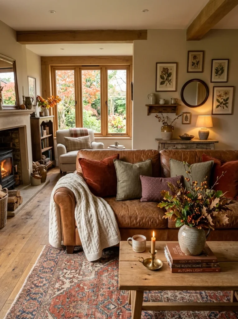 Leather sofa styled with warm seasonal pillows and blankets.