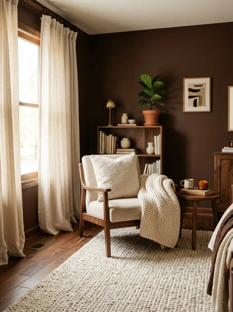 Cream textiles softening a chocolate brown living room.