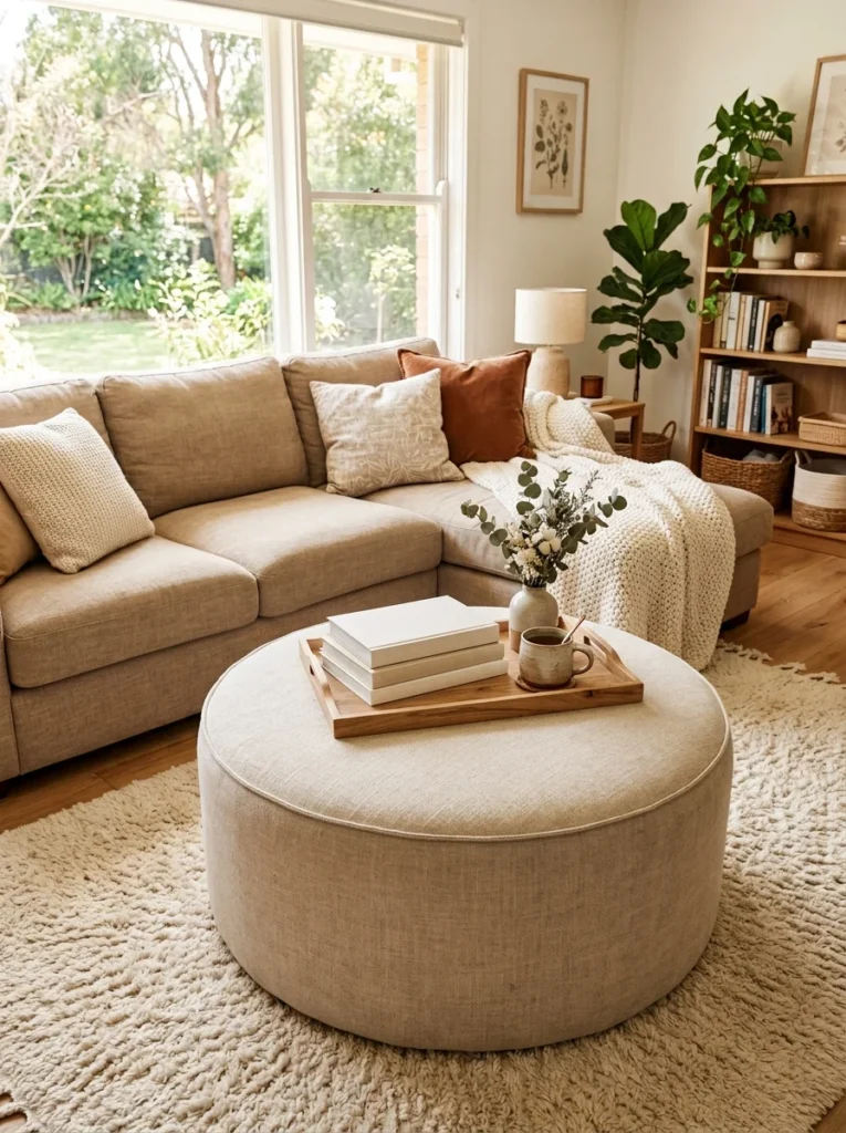 Round upholstered ottoman used as a soft alternative to a traditional coffee table.