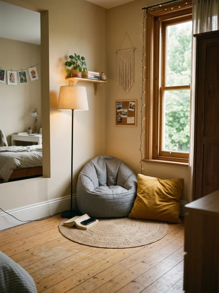 Small teen bedroom relaxation corner with a bean bag chair, floor cushion, and cozy lamp