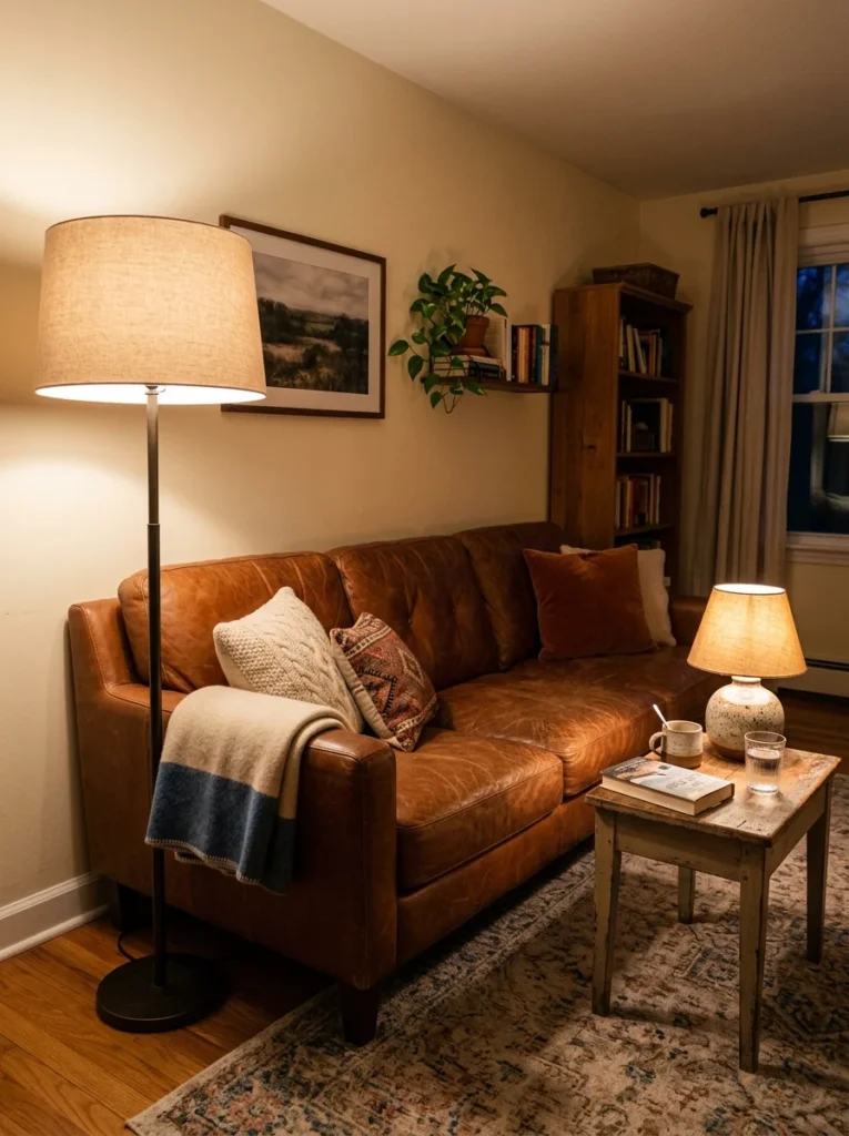 Leather sofa styled with warm layered floor and table lighting.