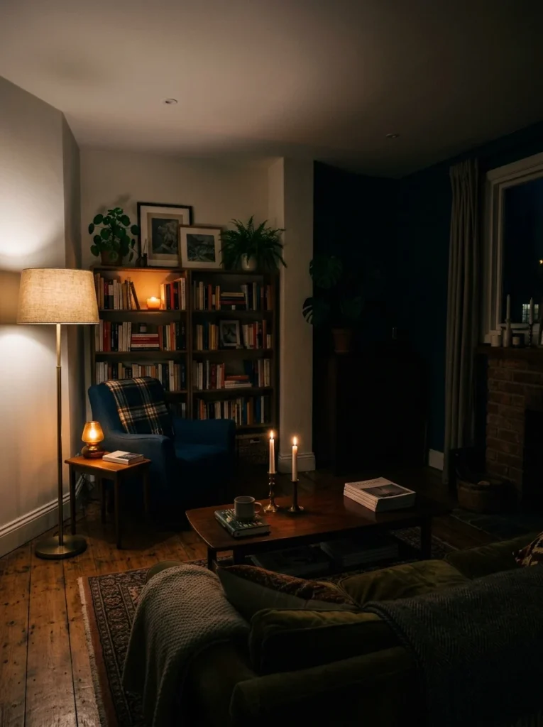 Living room with the overhead light off to reveal areas that need additional lighting.