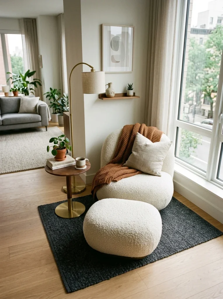 Small area rug defining a cozy lounge chair and ottoman corner.