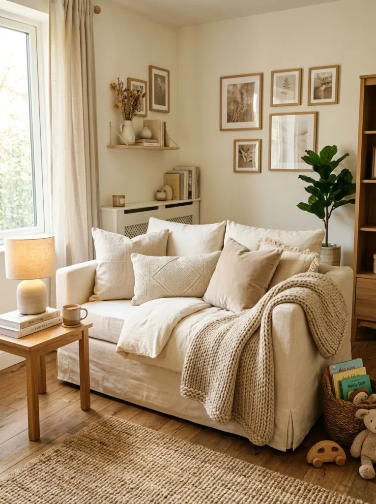 Convertible sofa refreshed with a washable linen slipcover.