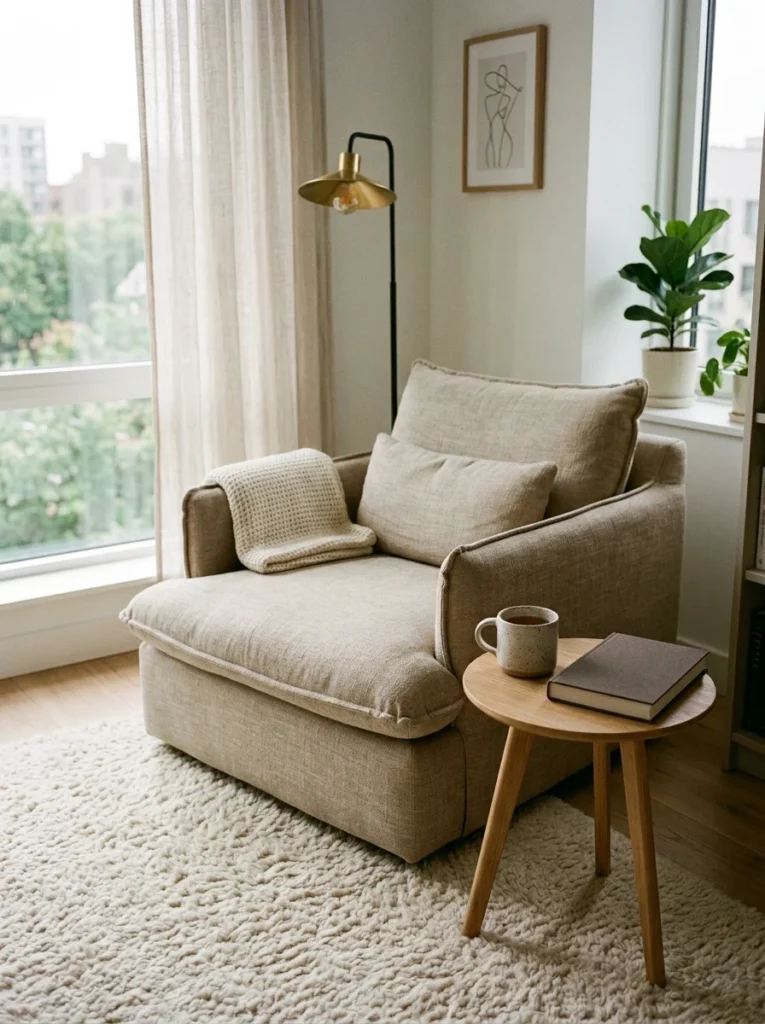 Small side table holding only a mug and book beside a comfortable lounge chair.
