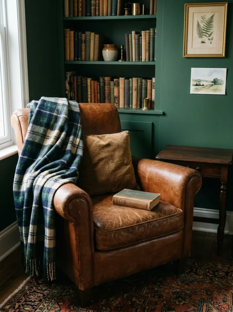 Hunter green, navy, and cream tartan wool throw draped over a cognac leather chair.