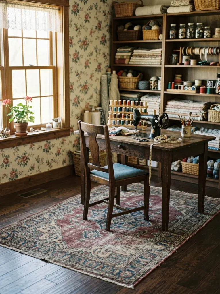 Faded Persian-style rug adding warmth to a vintage craft room.