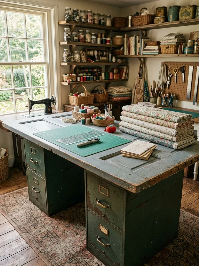 Repurposed paneled door transformed into a large vintage craft cutting table.