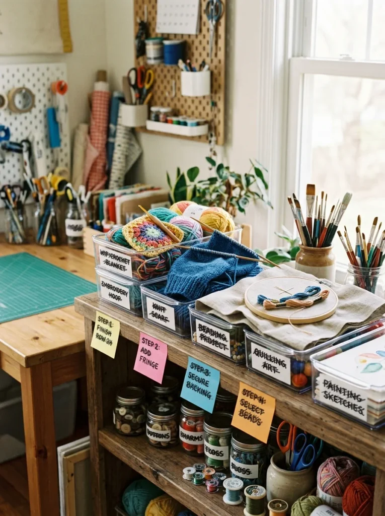 Organized shelf for active craft projects.