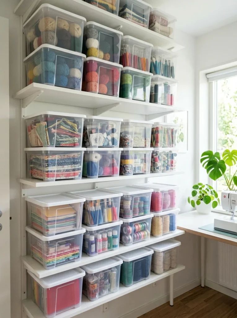lear stackable storage bins organizing craft supplies.