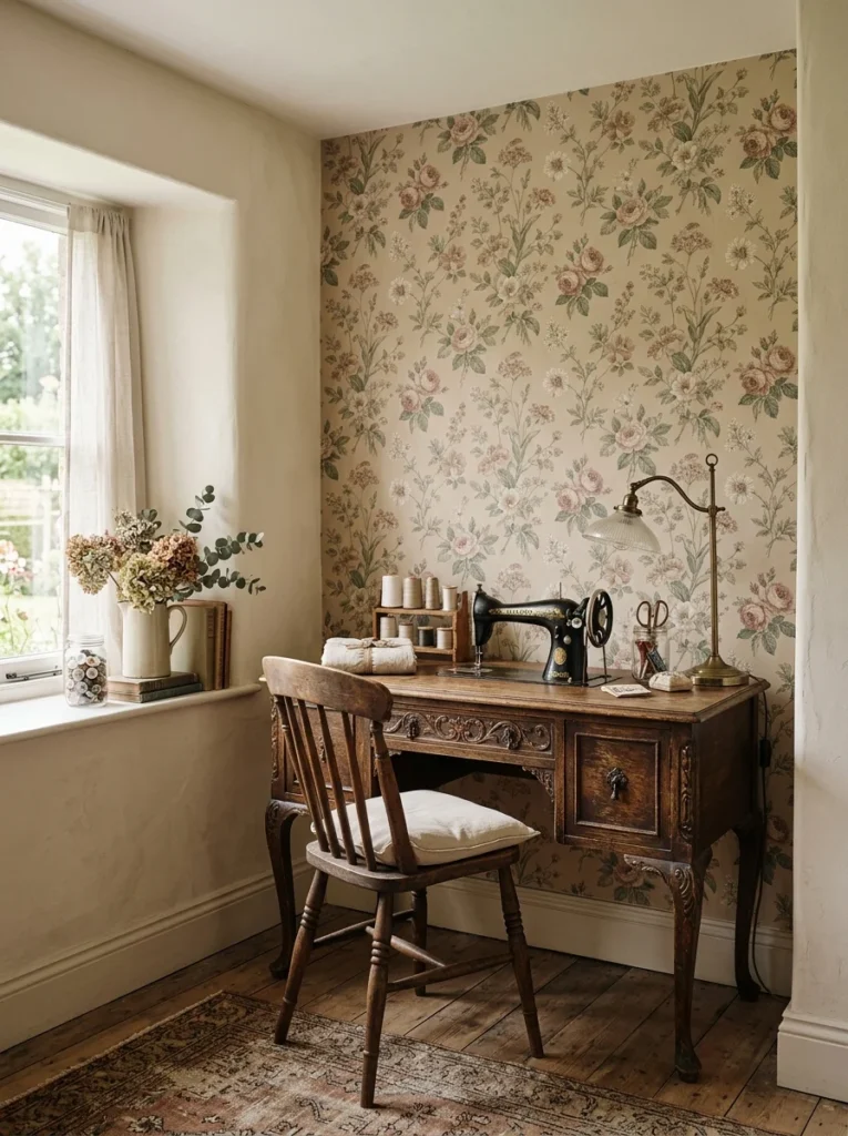 Muted floral wallpaper creating a vintage craft room accent wall.