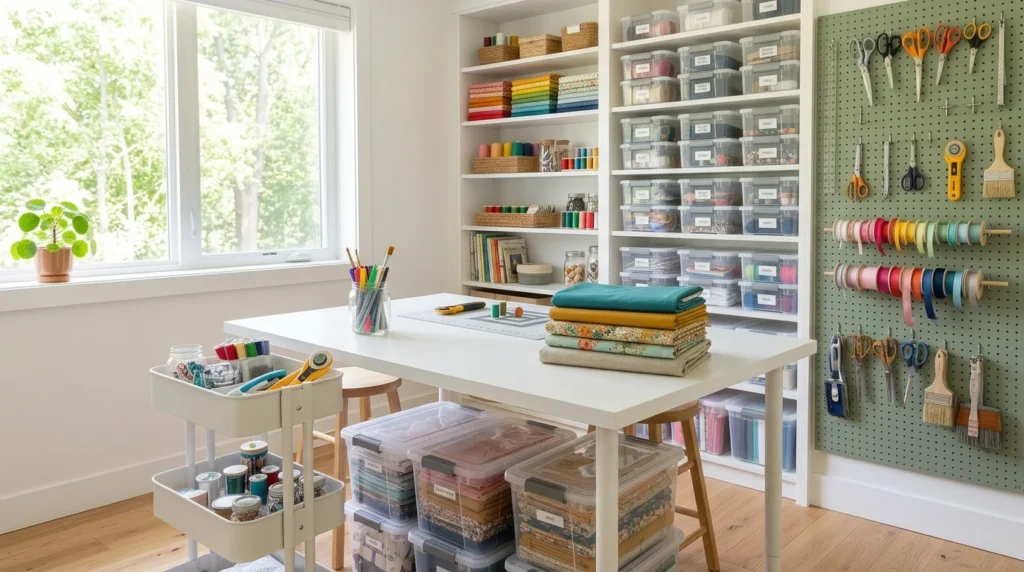 Organized craft room with clear bins, pegboard storage, rolling cart, and colorful fabric shelves.