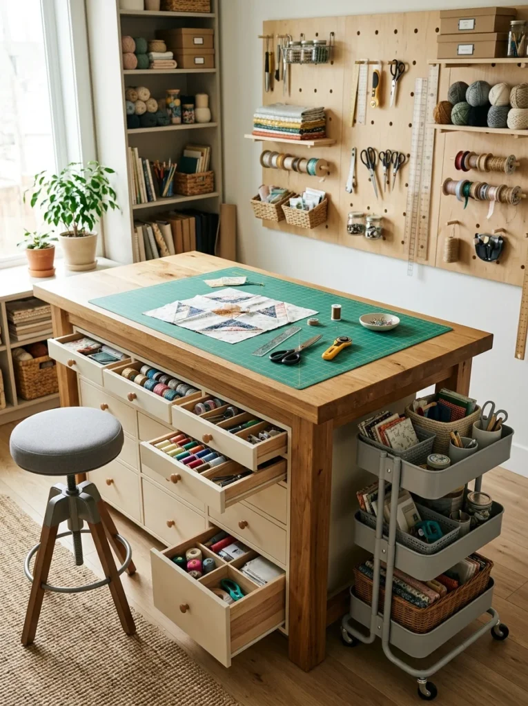 Hobby room with a dedicated craft table featuring built-in drawers and organized supplies.