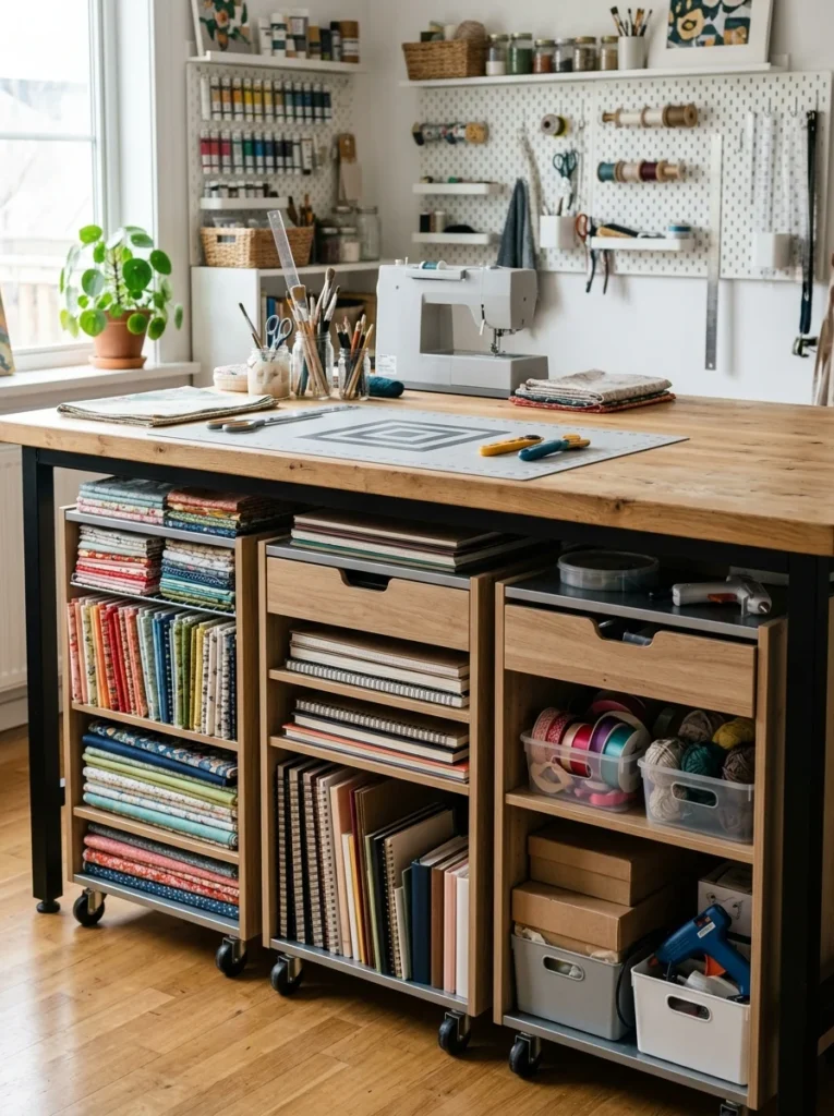 Rolling storage bins underneath a craft table.