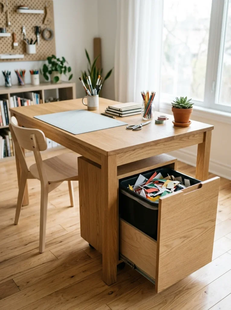 Pull-out trash bin beneath a craft table.