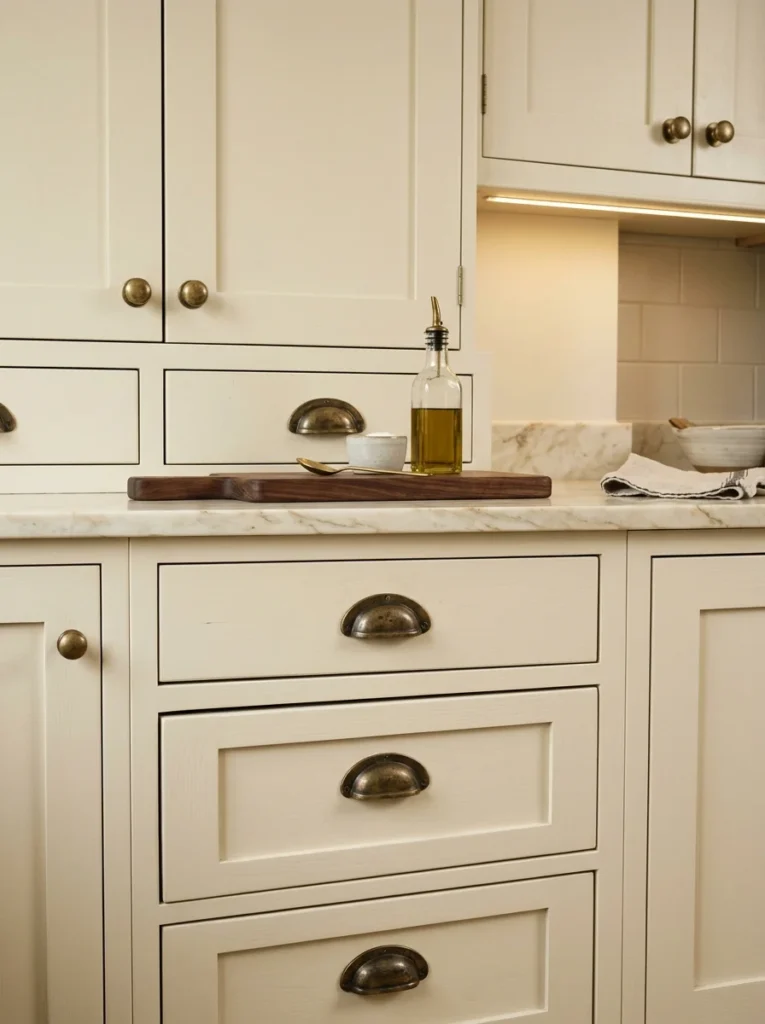 Cream cabinetry updated with traditional unlacquered antique brass pulls and cup handles.