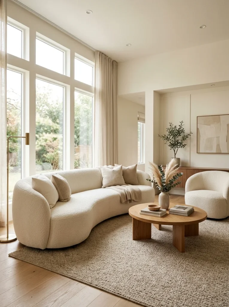 Contemporary living room with a curved cream sofa and soft rounded furniture silhouettes.