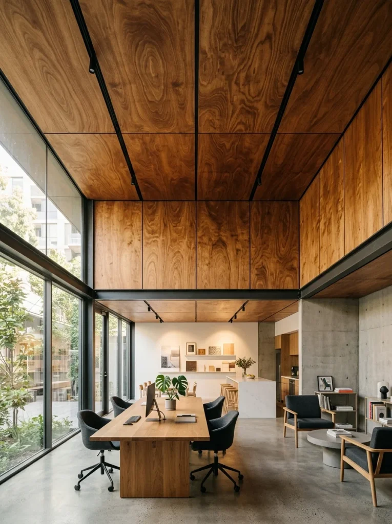 Smooth stained plywood ceiling with visible wood grain.