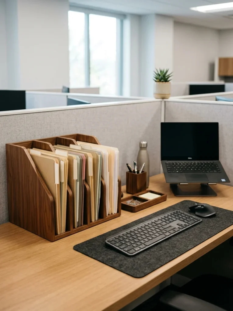 : Wood vertical file organizer storing office documents while keeping a cubicle desk clear.