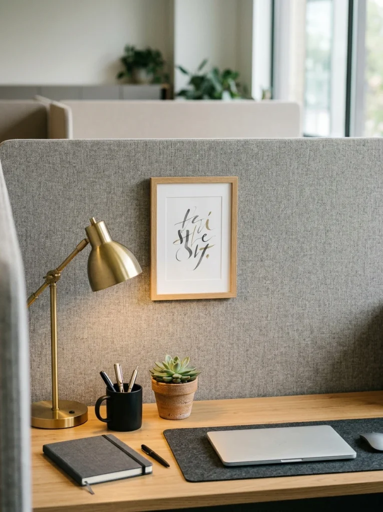 Small framed motivational print adding personality to a professional office cubicle wall.