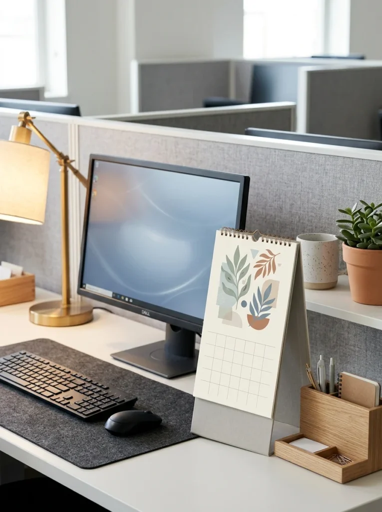 Small easel-style desk calendar adding practical organization and decor to an office cubicle.