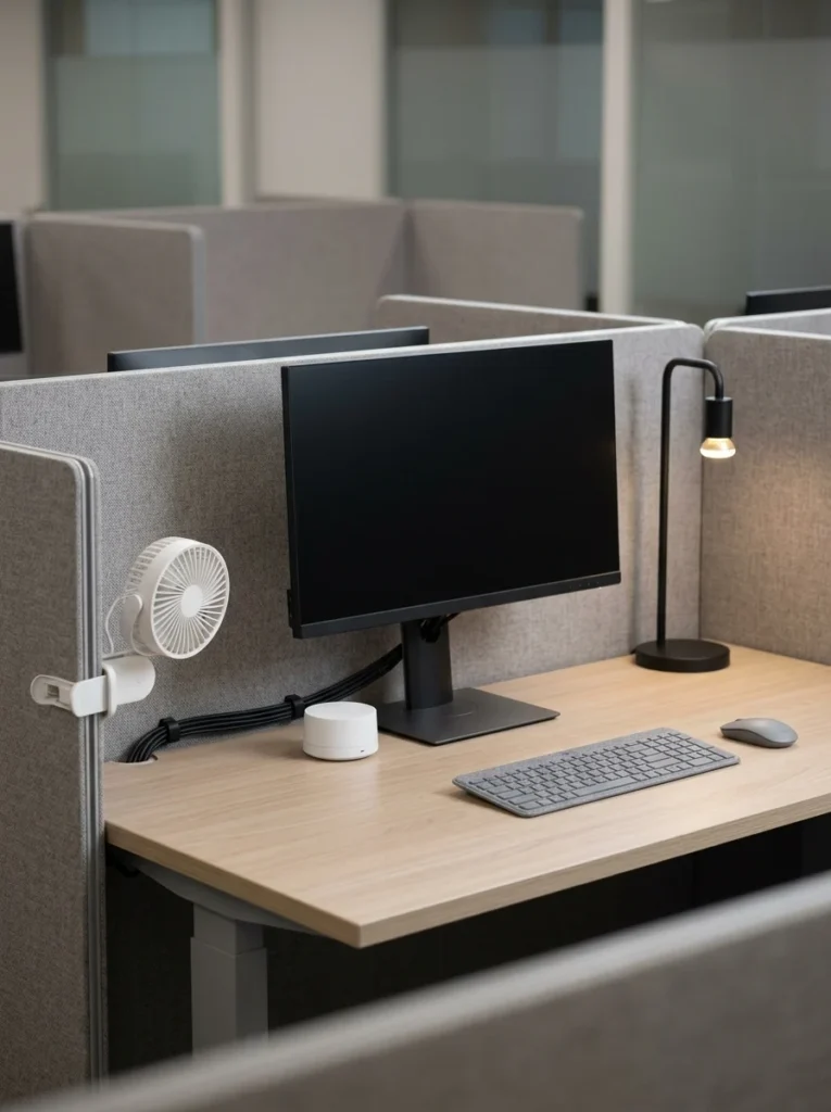 Compact personal fan and white noise machine adding comfort to an organized office cubicle.