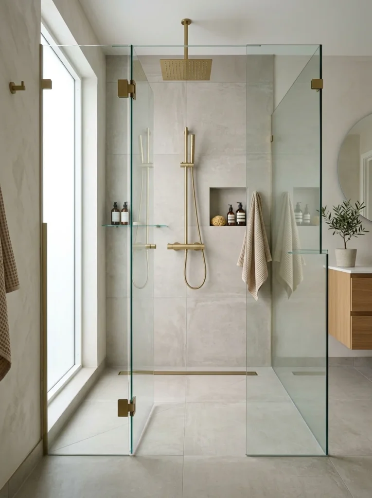 Curbless walk-in shower with frameless glass and linear drain.