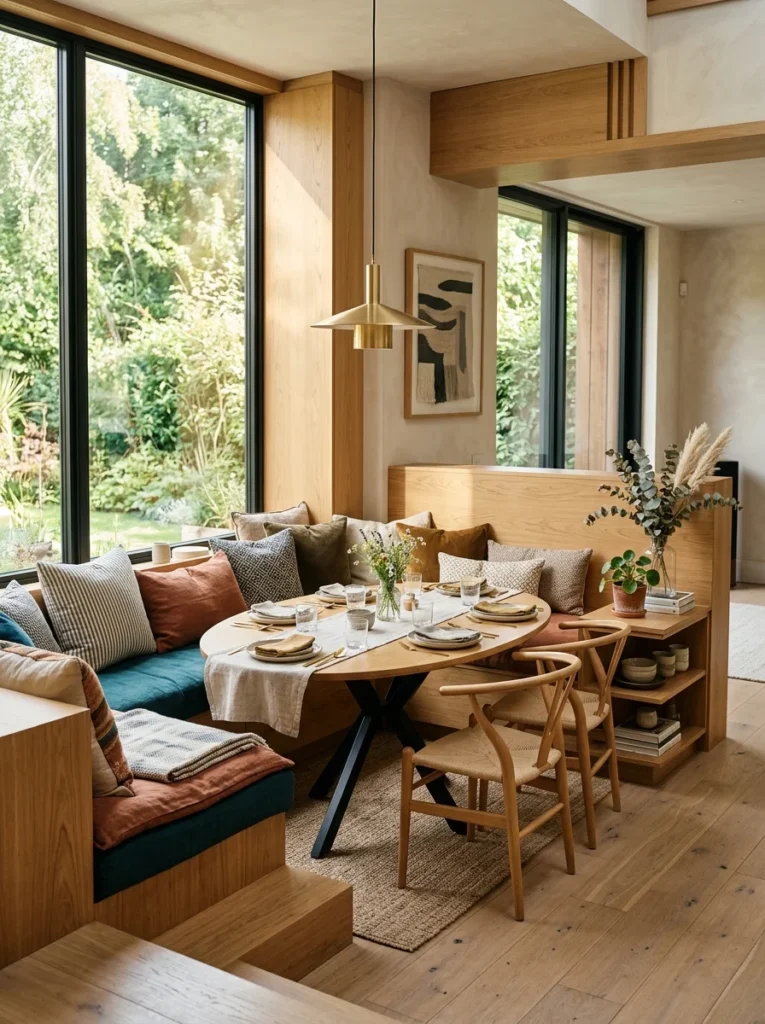 Multi-level banquette seating with layered design.