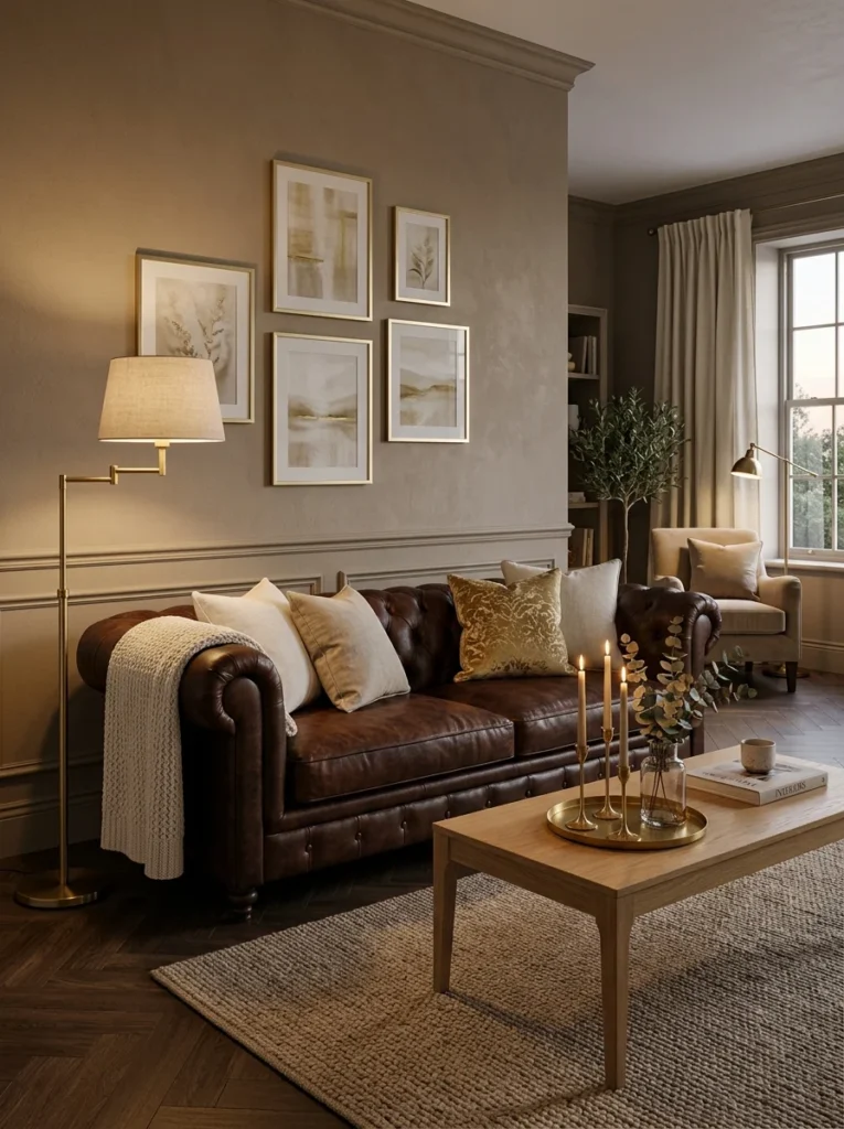 Brass and gold accents adding warmth around a dark brown couch.