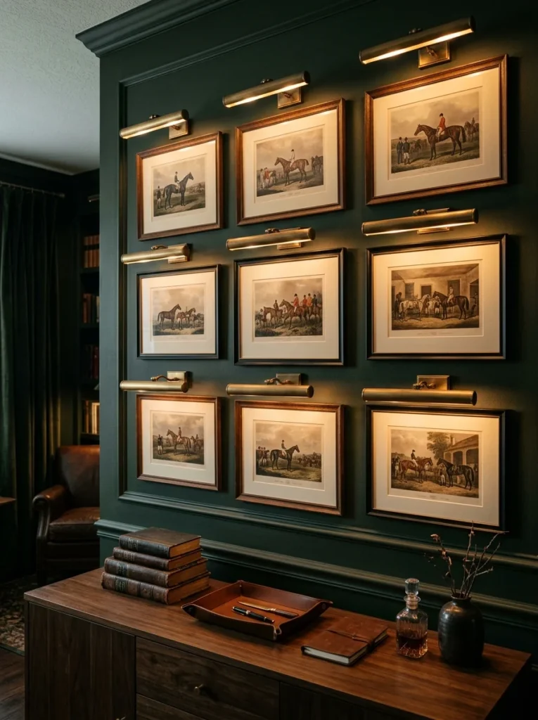 Brass picture lights illuminating framed equestrian artwork on a hunter green study wall.