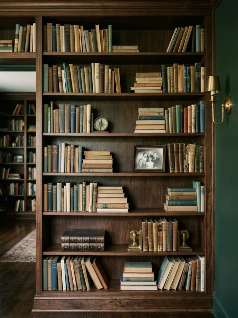 Dark wood bookshelf styled with vintage books, brass accessories, framed photos, and leather accents.