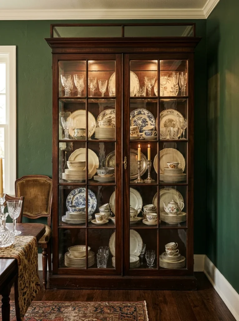Dark wood glass-front china cabinet displaying vintage dishes, crystal glassware, and silver accents.