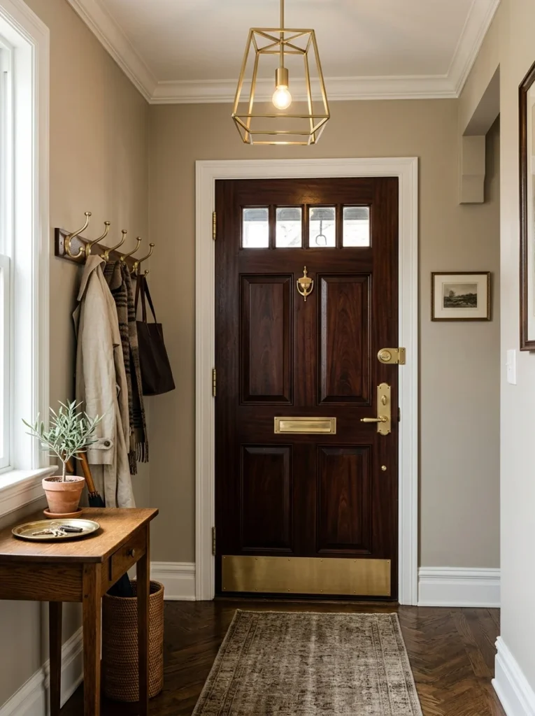 Front door upgraded with matching brushed brass hardware.