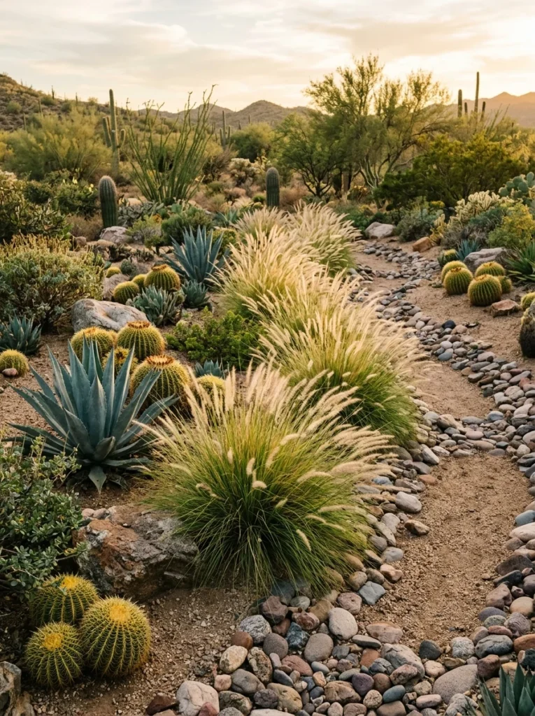 Native deer grass softening a dry riverbed and cactus landscape.